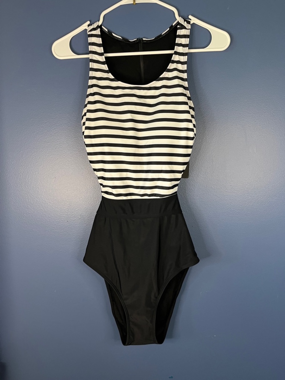 Tempt Me- one piece black and white bathing suit, back with zipper and tie, Med.